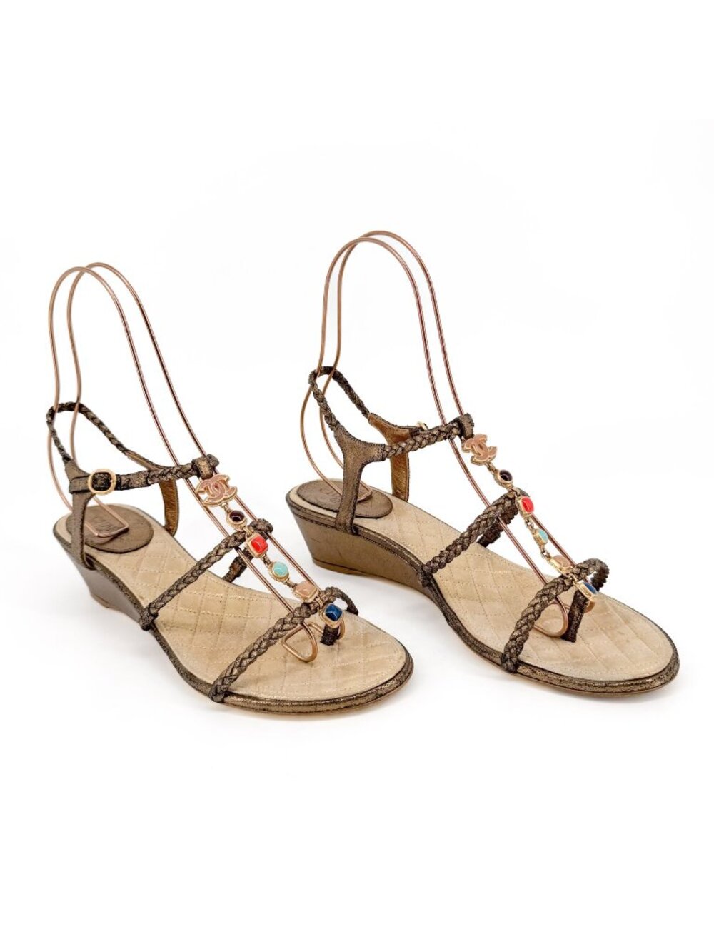 CHANEL Bronze Braided Slingback Sandals with Multicolor Gem Accents
